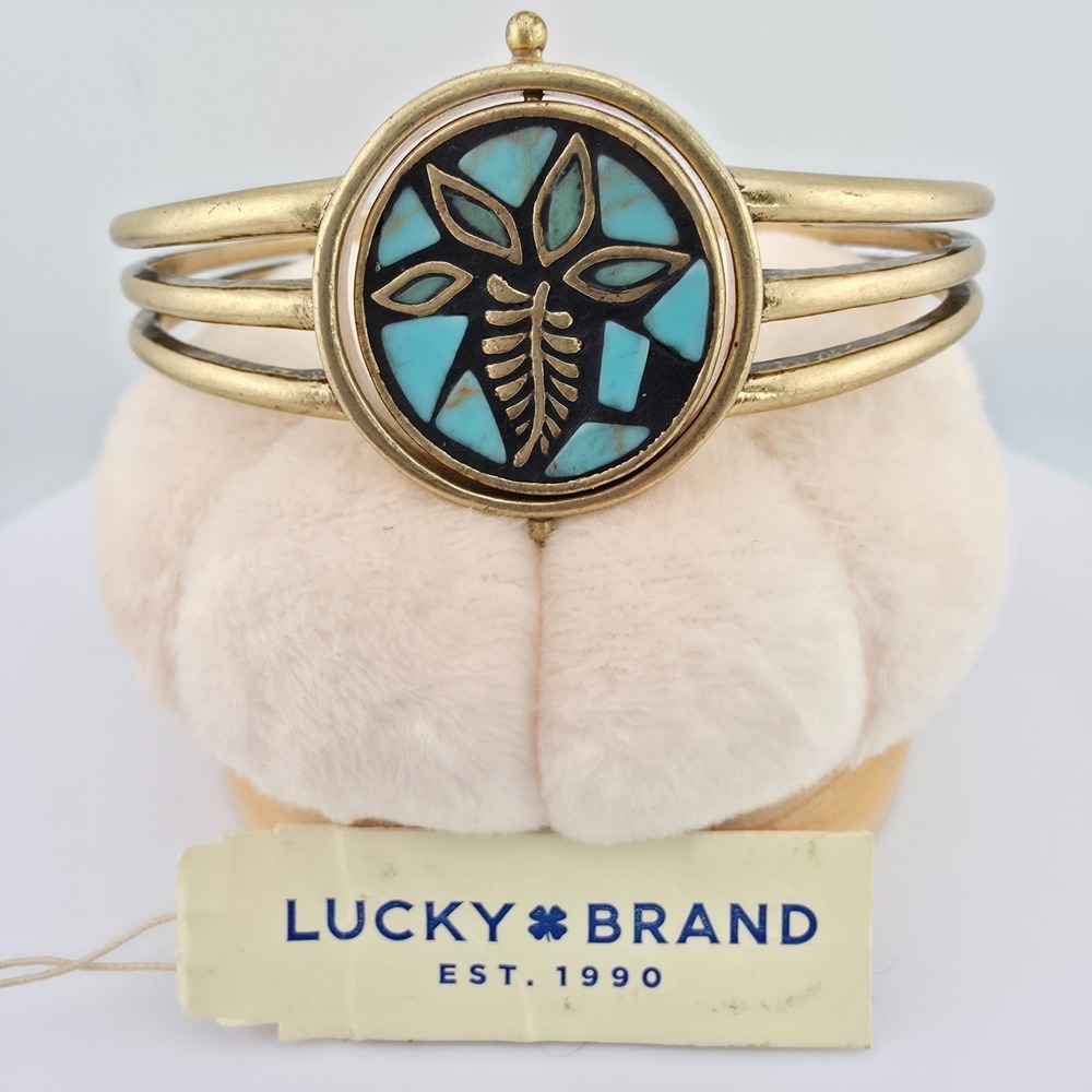New! LUCKY BRAND Cuff Bracelet Reversible Spinning Medallion Floral Gold Tone 7"